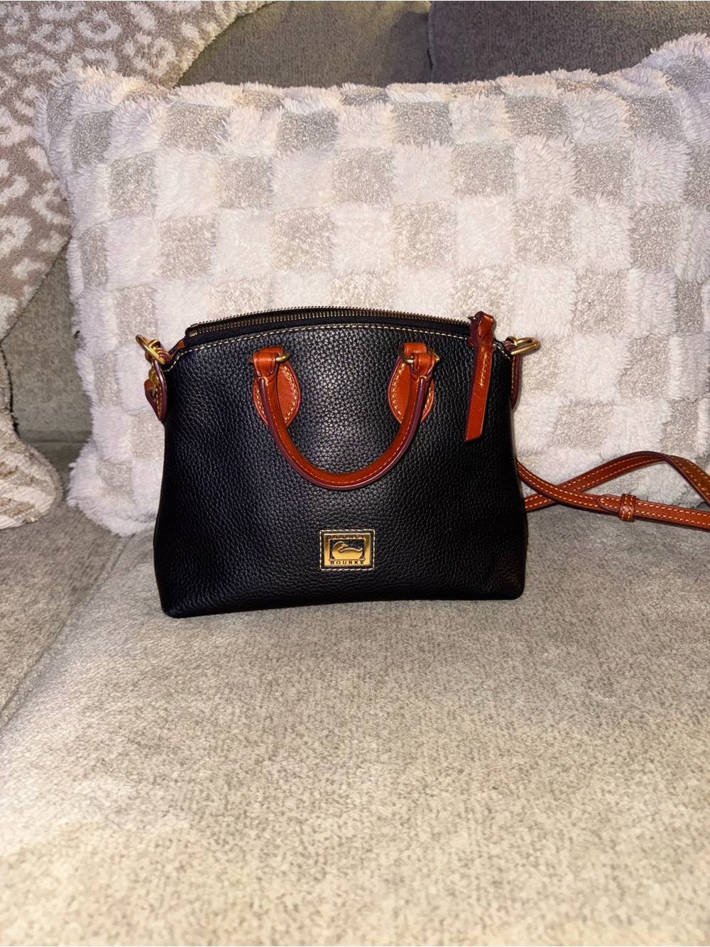 Dooney & Bourke Black Pebbled Leather Satchel with Brown Trim
